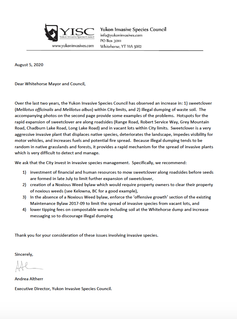 Letter to Whitehorse Mayor and  Council regarding management of invasive species